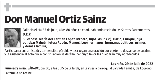 Don Manuel Ortiz Sainz Esquela Necrológica La Rioja