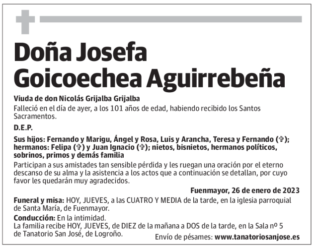 Doña Josefa Goicoechea Aguirrebeña Esquela Necrológica La Rioja