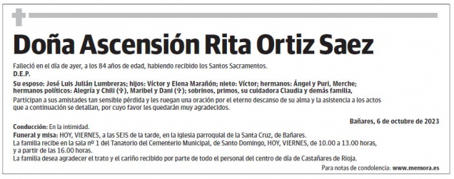 Doña Ascensión Rita Ortiz Saez Esquela Necrológica La Rioja