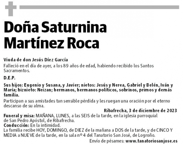 Do A Saturnina Mart Nez Roca Esquela Necrol Gica La Rioja