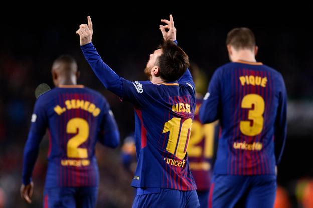 El argentino Leo Messi celebra su triplete ante el Leganés en otra exhibición personal. :: afp/