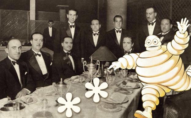 El restaurante Gaylord's de Madrid en 1932 y antigua ilustración de la mascota de Michelin. 