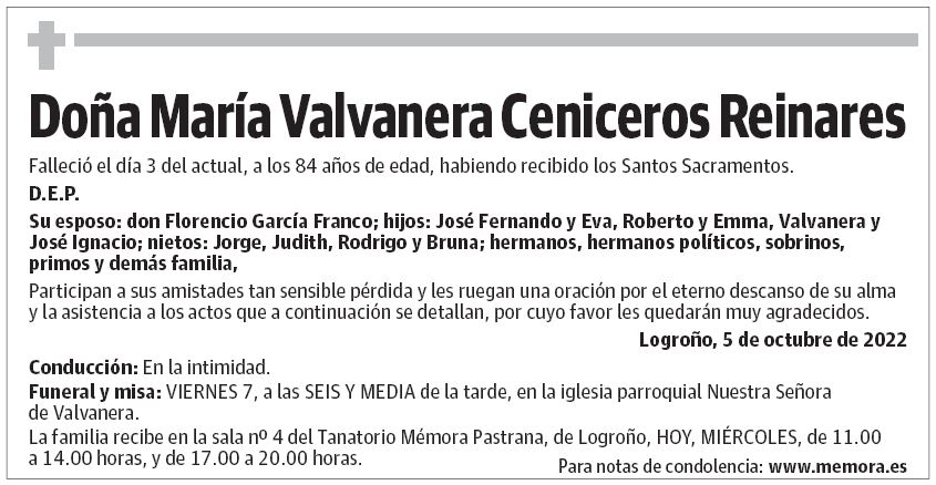 Doña María Valvanera Ceniceros Reinares