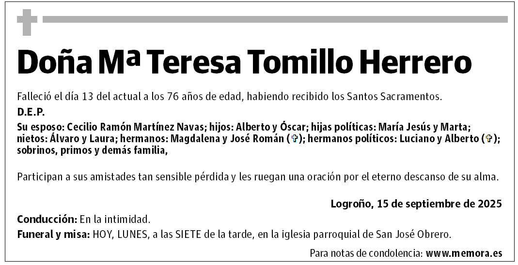 Doña Mª Teresa Tomillo Herrero