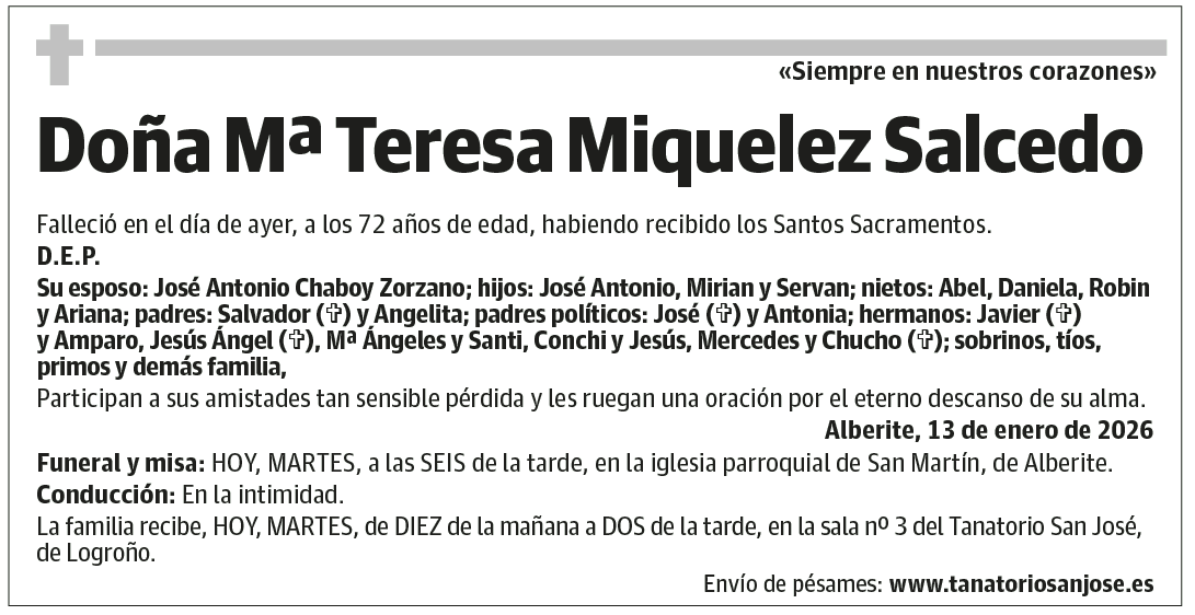 Doña Mª Teresa Miquelez Salcedo