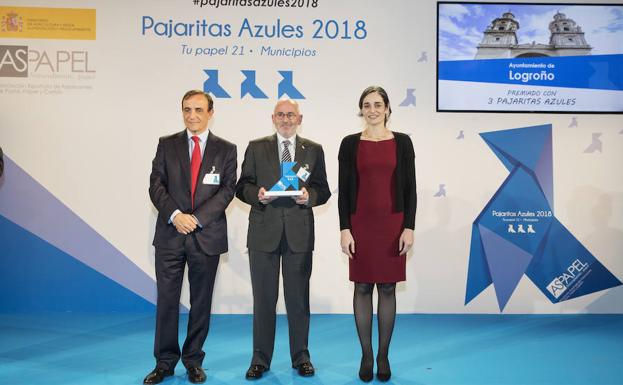 Ruiz Tutor recibe el galardón 'tres pajaritas azules' que premia a Logroño por el reciclaje de papel