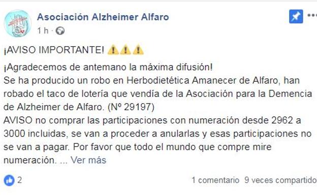 Roban un taco de Lotería de la Asociación del Alzhéimer de Alfaro