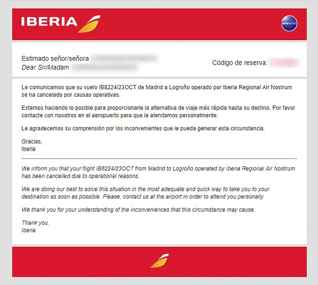 Iberia canceló ayer el vuelo Madrid-Logroño por «causas operativas»