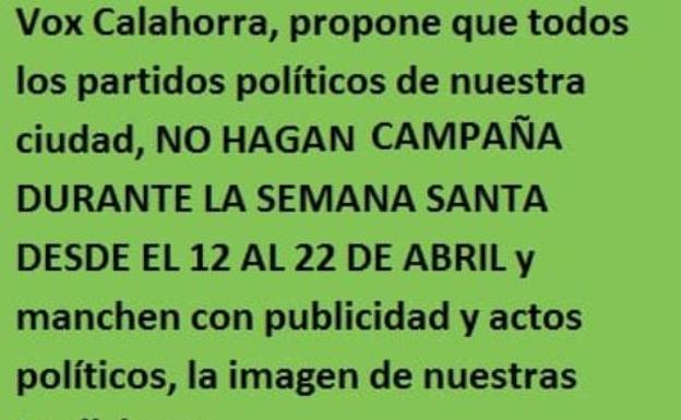 Vox Calahorra pide a los partidos políticos que no «ensucien con publicidad» los actos de Semana Santa