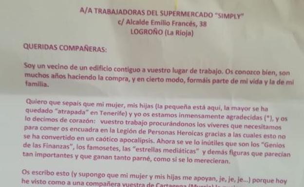 Una reconfortante carta en la puerta de un supermercado logroñés