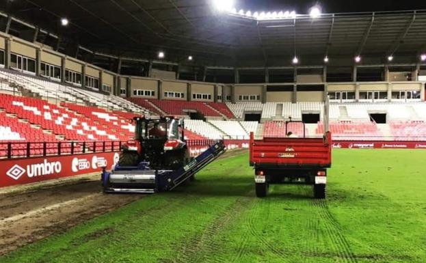 El cambio del césped de Las Gaunas ya ha comenzado