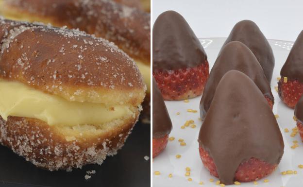 Chuchos de crema y fresas con chocolate