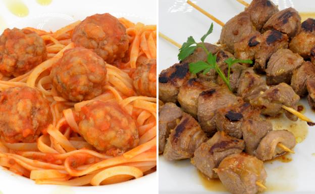 Espaguetis con albóndigas y pinchos morunos
