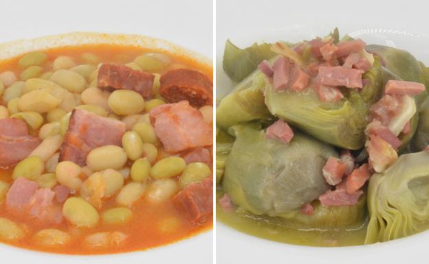 Pochas con tocino y alcachofas salteadas