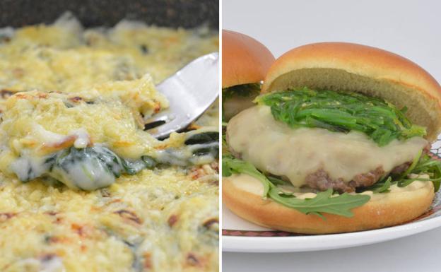 Espinacas a la crema y hamburguesa japonesa