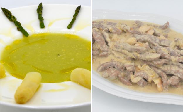 La receta de Javier Romero: crema de espárragos y ternera con salsa de almendras