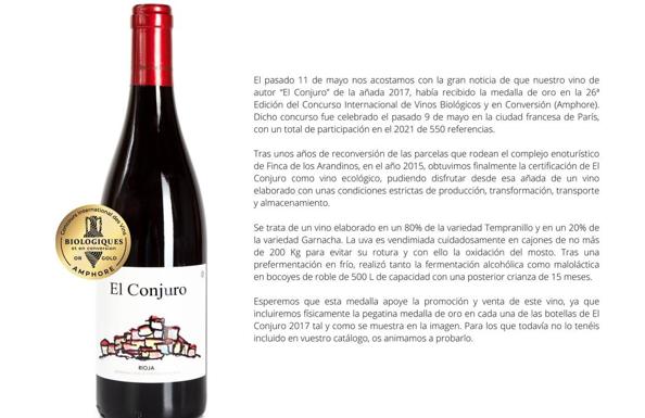 El Conjuro de Finca Los Arandinos, oro en el Concurso de Vinos 'Bio' de Paris