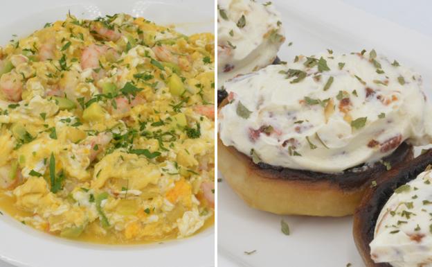La receta de Javier Romero: revuelto de gambas y aguacate y champiñones rellenos