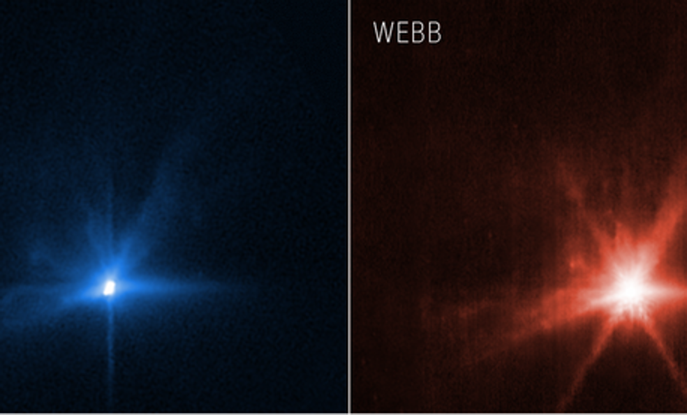 El impacto de la sonda DART contra un asteroide visto desde los telescopios Webb y Hubble