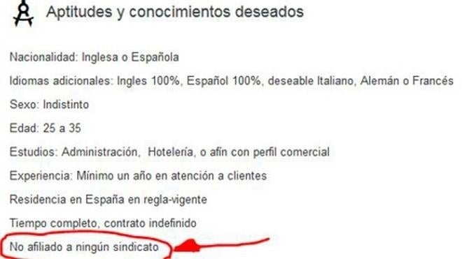 Sancionada una empresa por una oferta de trabajo en la que exigía no estar afiliado a un sindicato